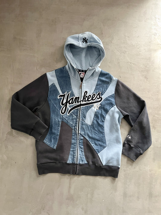 GREY/SLATE BLUE YANKEES ZIP UP HOODIE - 2000S - L/M