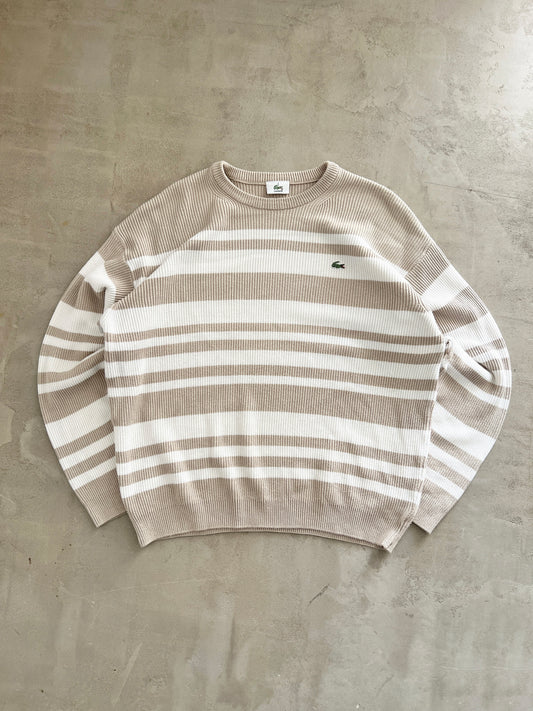 BEIGE/WHITE LACOSTE KNIT SWEATER - 2000S - M