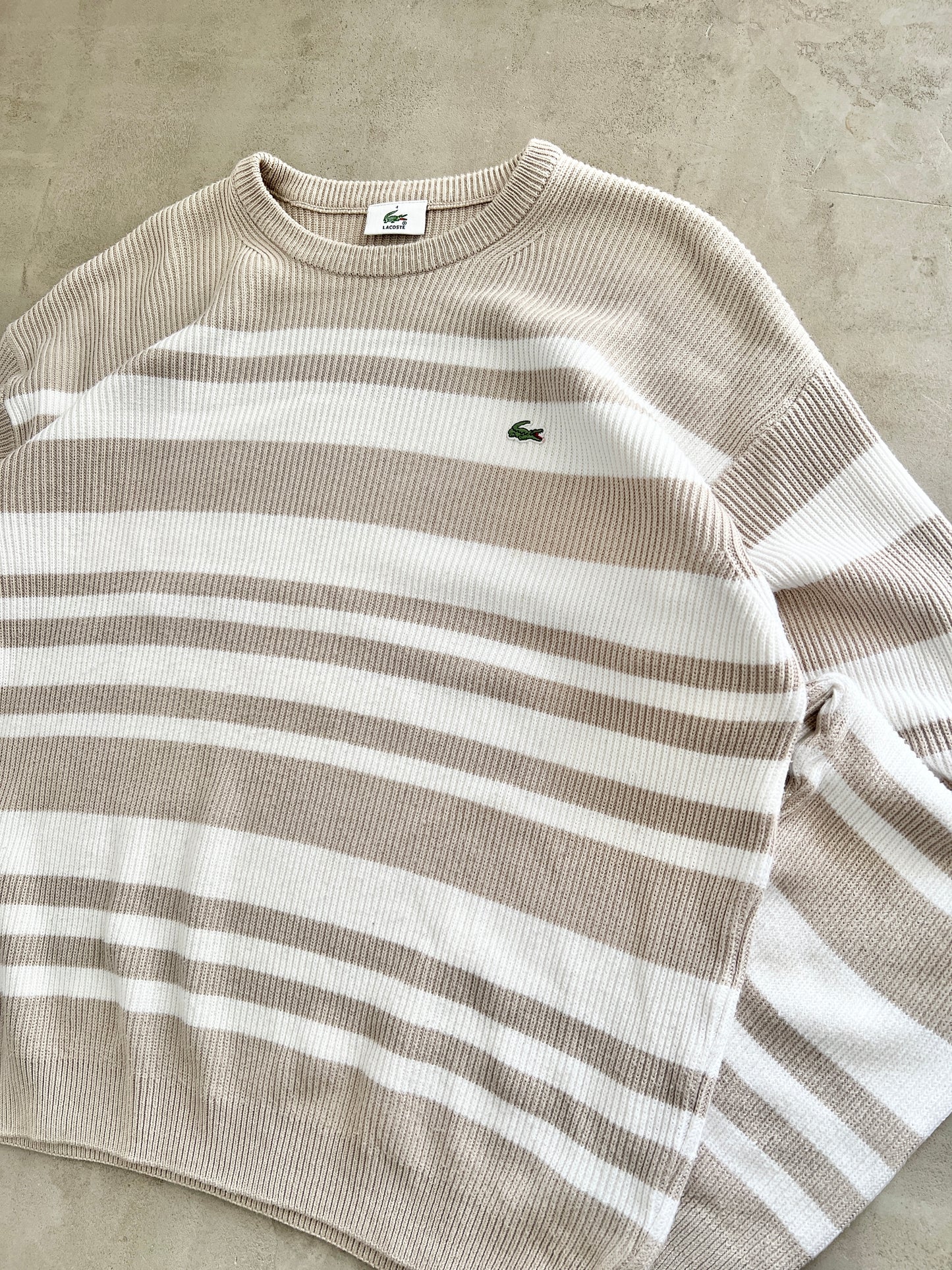 BEIGE/WHITE LACOSTE KNIT SWEATER - 2000S - M