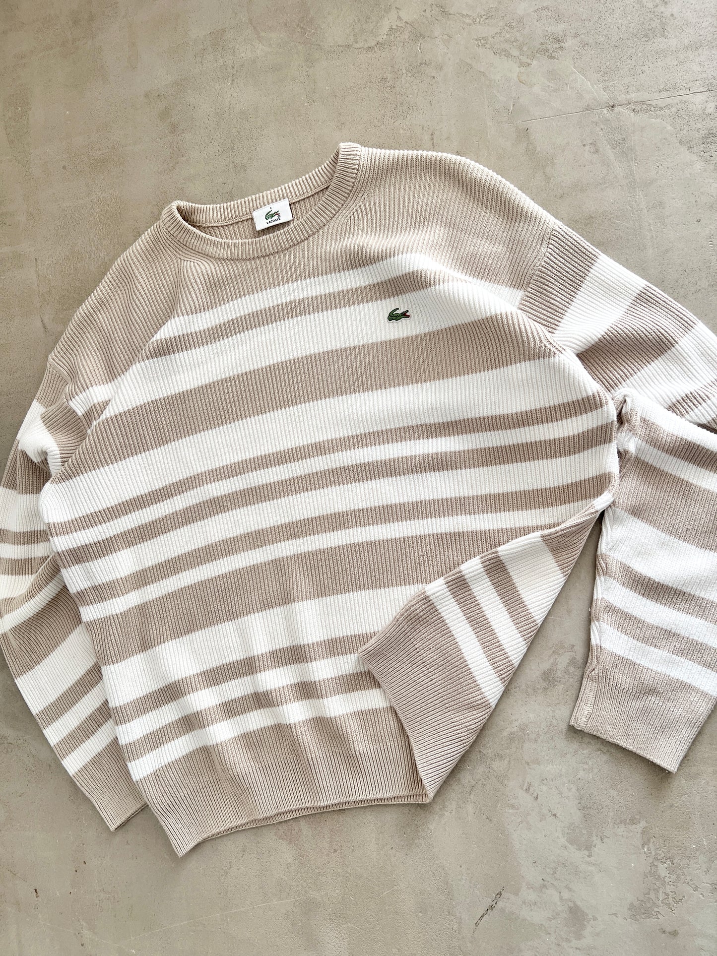 BEIGE/WHITE LACOSTE KNIT SWEATER - 2000S - M