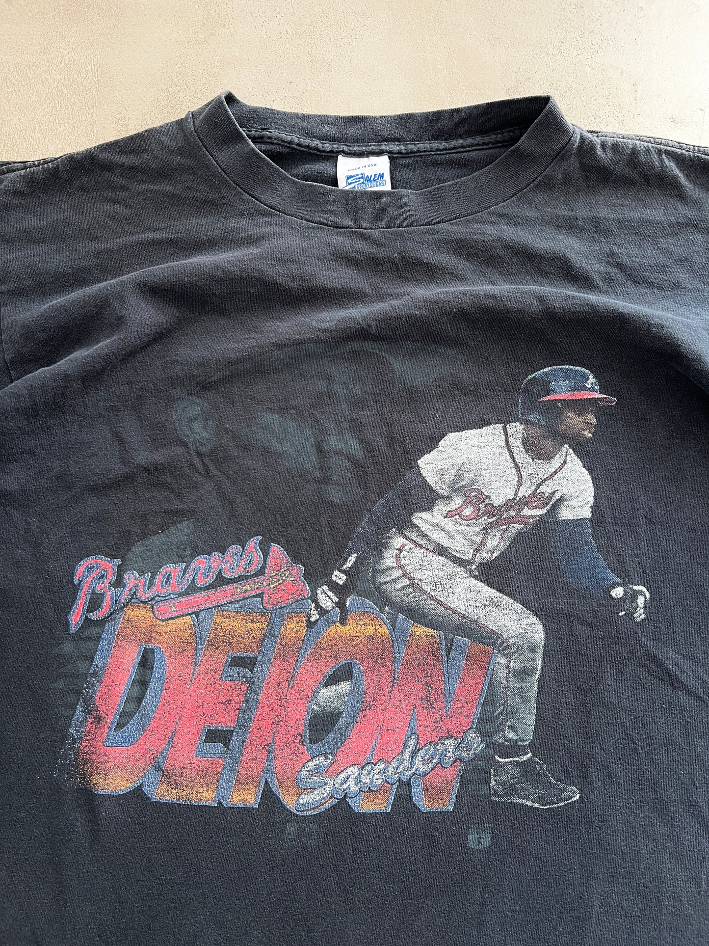 FADED BLACK DEION SANDERS BASEBALL TEE - 1990S - L/M