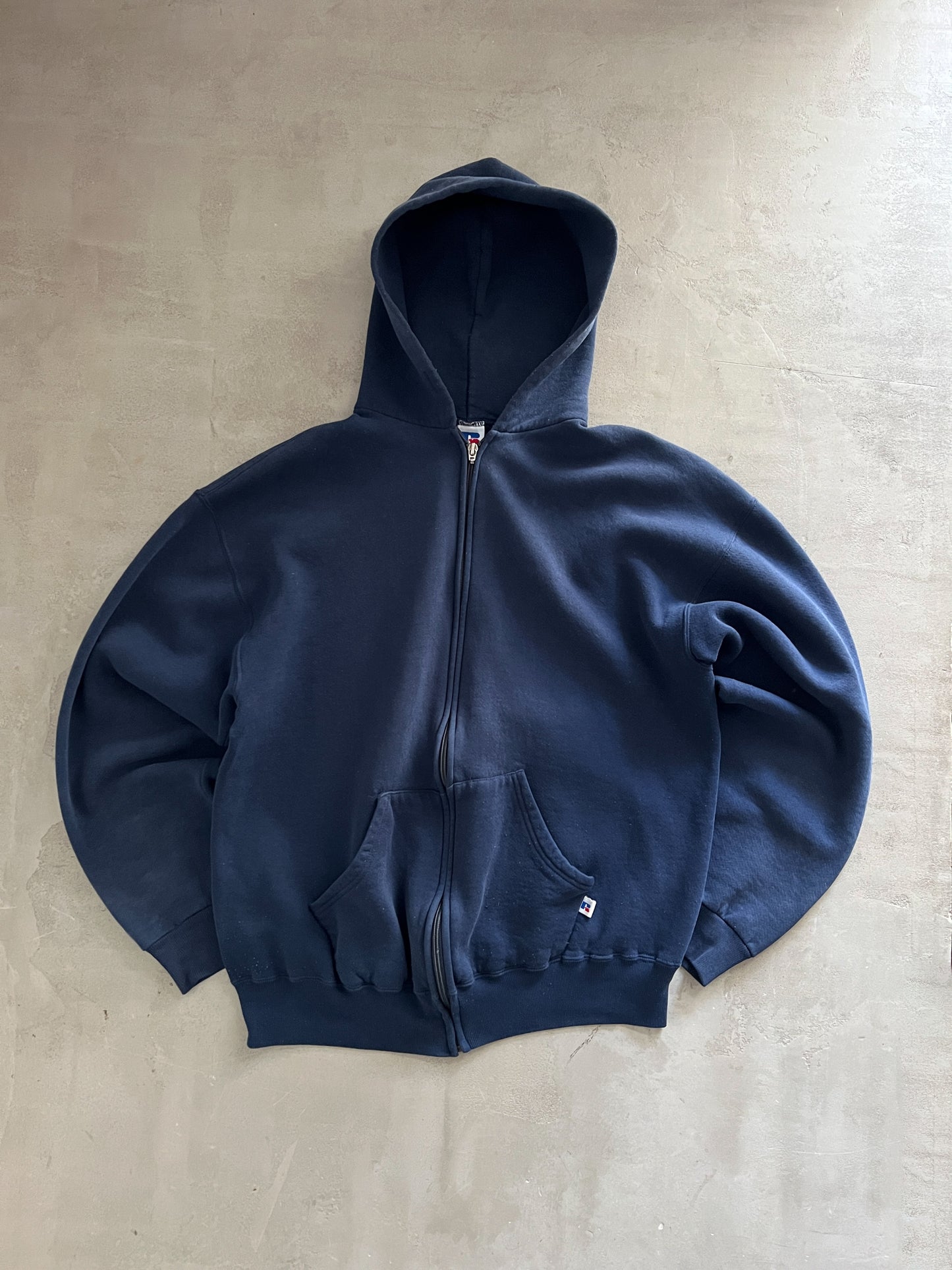 NAVY RUSSELL ATHLETIC ZIP UP HOODIE - 1990S - L