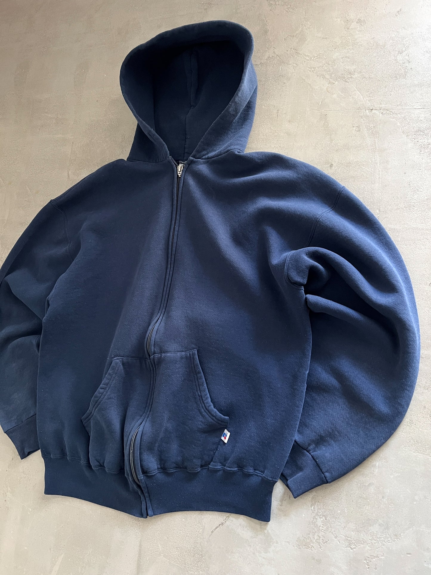 NAVY RUSSELL ATHLETIC ZIP UP HOODIE - 1990S - L