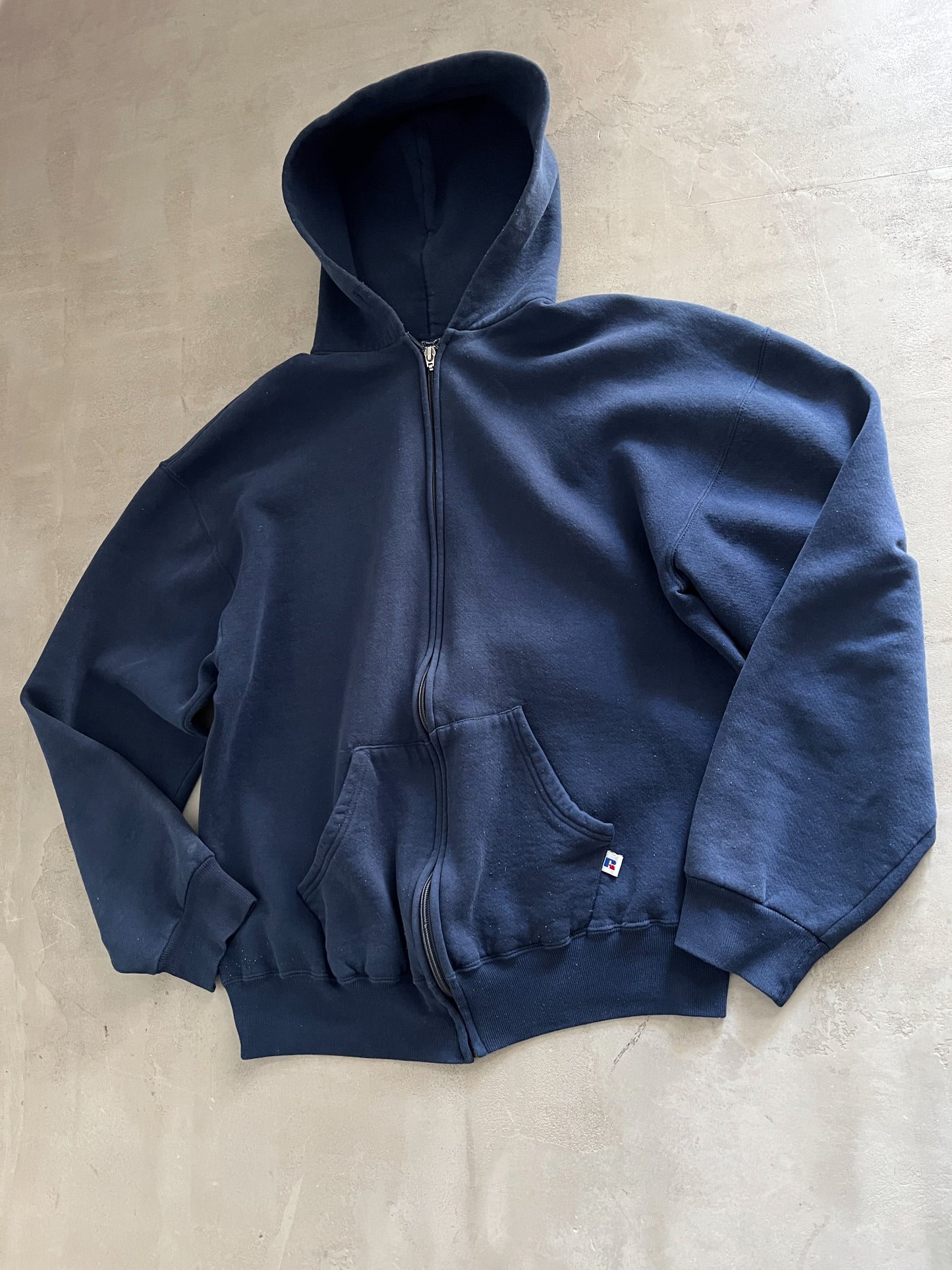 NAVY RUSSELL ATHLETIC ZIP UP HOODIE - 1990S - L