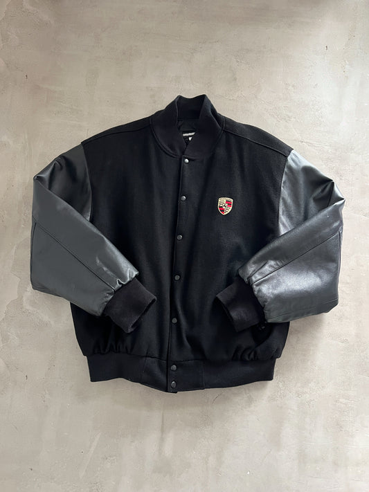 BLACK PORSCHE LEATHER BOMBER - 1990S - XL