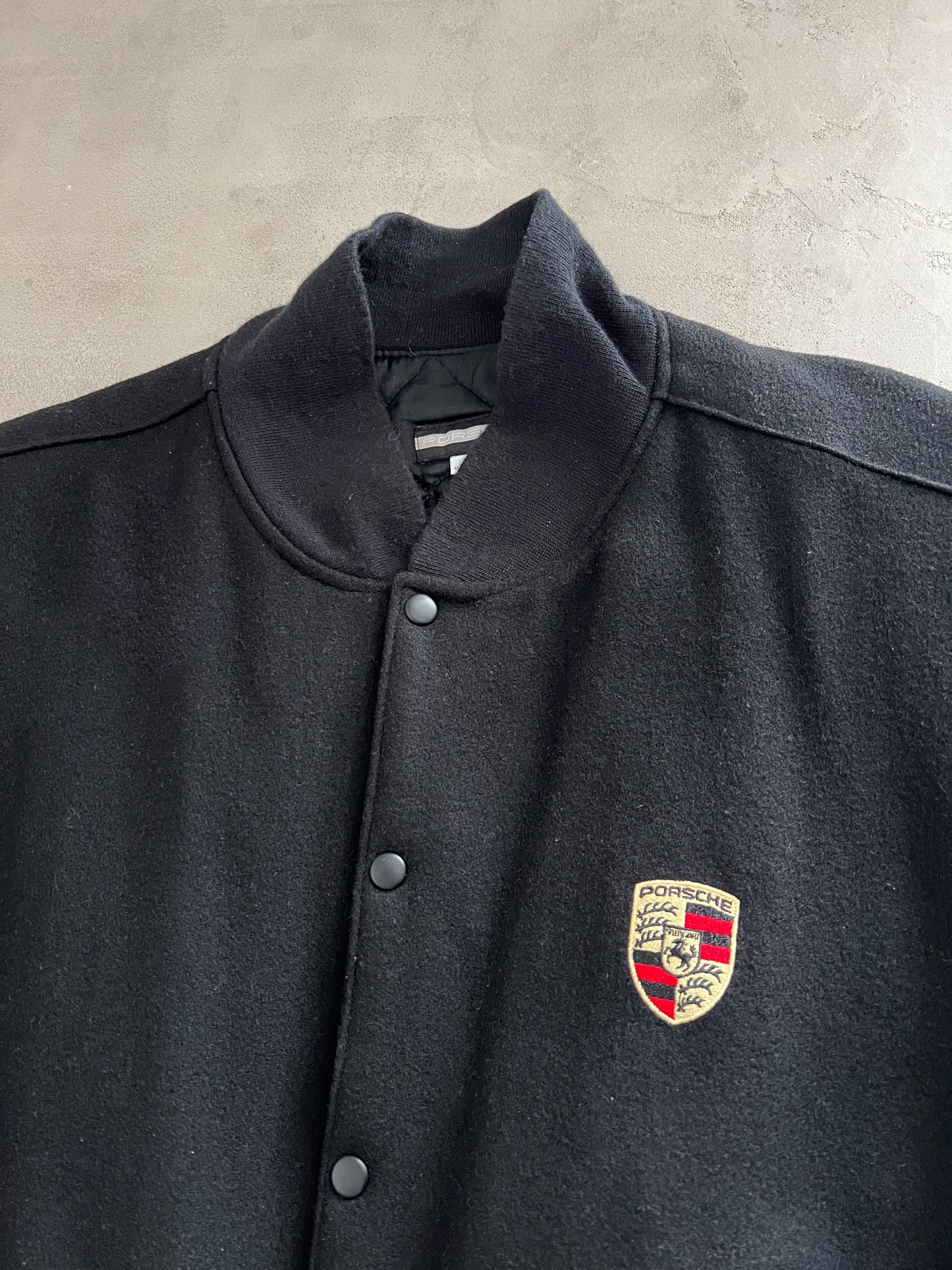 BLACK PORSCHE LEATHER BOMBER - 1990S - XL