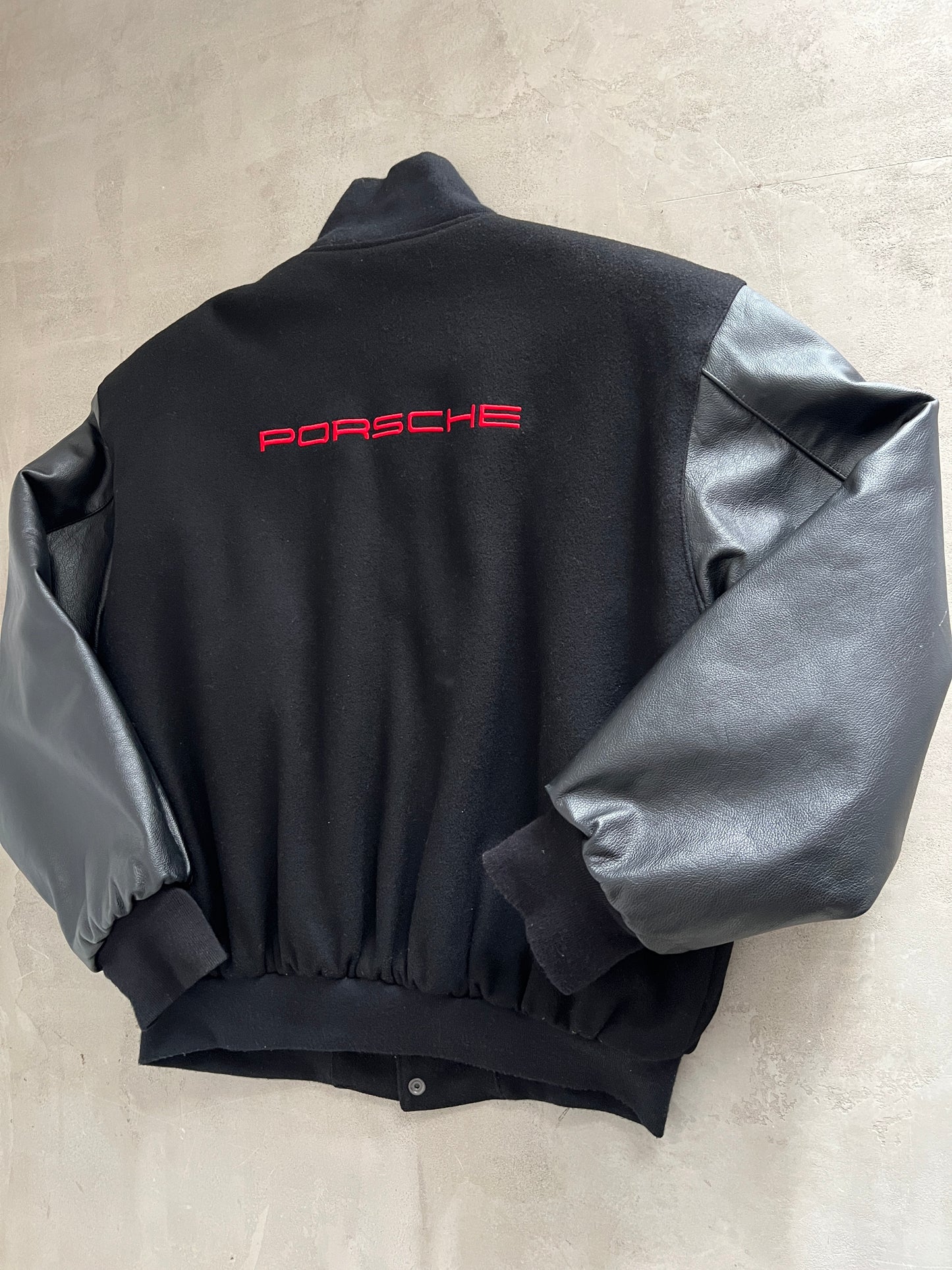 BLACK PORSCHE LEATHER BOMBER - 1990S - XL