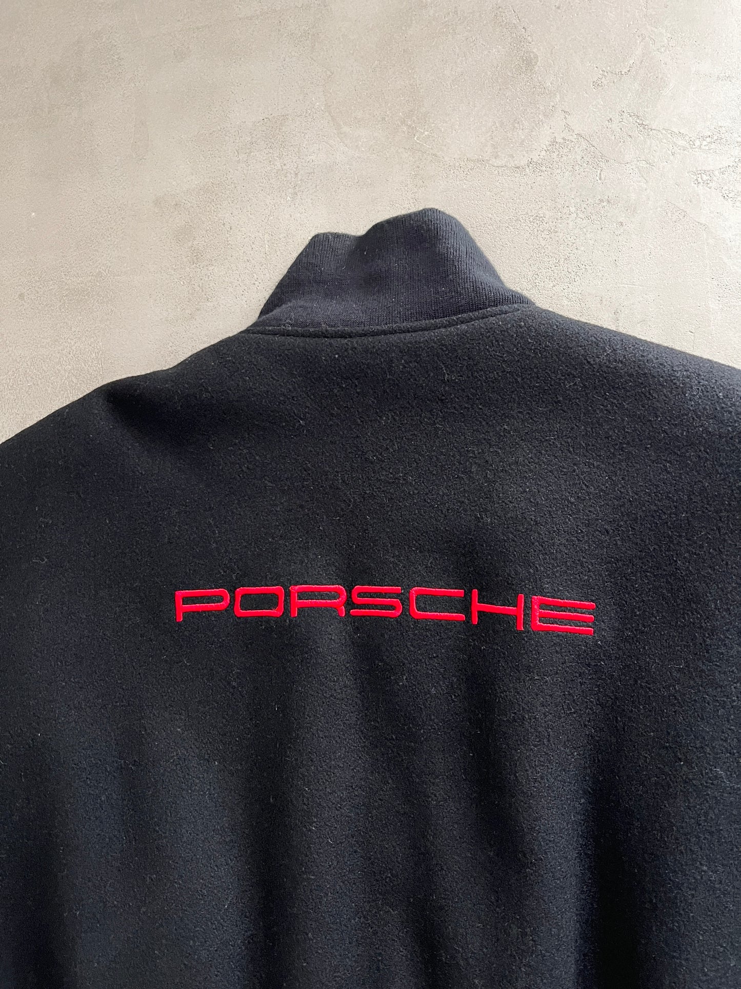 BLACK PORSCHE LEATHER BOMBER - 1990S - XL