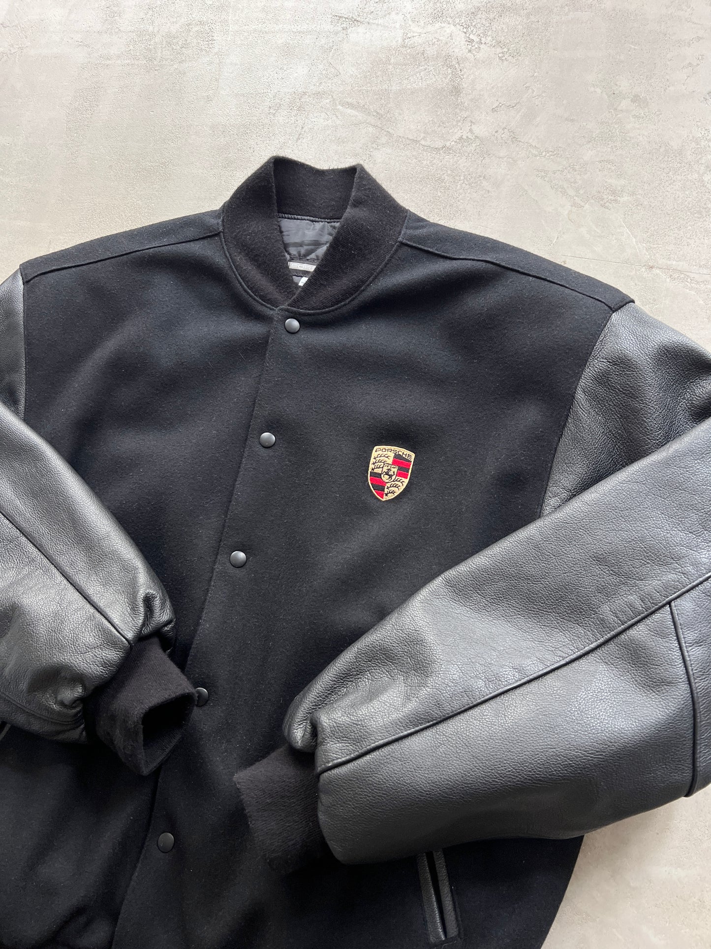 BLACK PORSCHE LEATHER JACKET - 1990S - XL/L