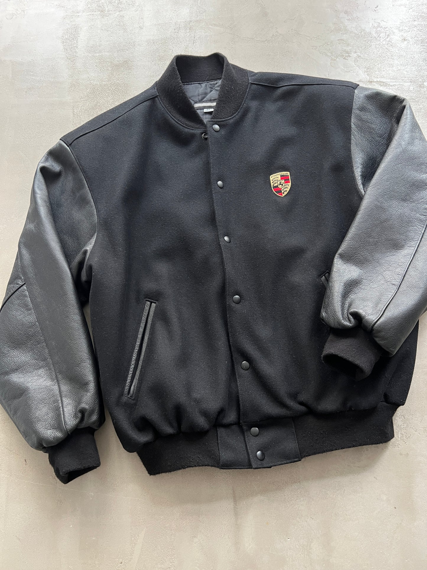 BLACK PORSCHE LEATHER JACKET - 1990S - XL/L