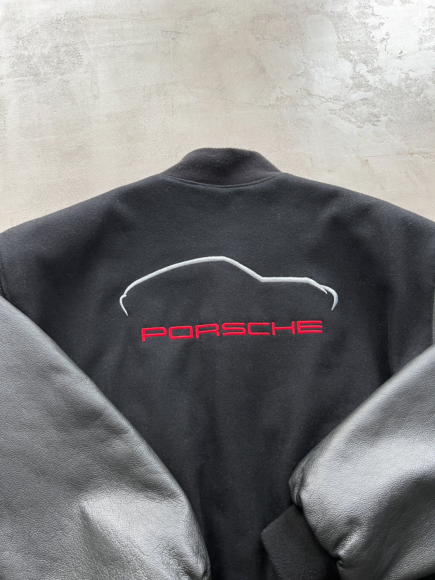 BLACK PORSCHE LEATHER JACKET - 1990S - XL/L