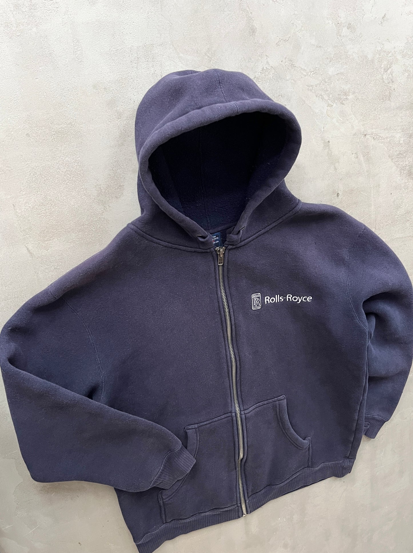 FADED NAVY ROLLS ROYCE ZIP UP HOODIE - 1990S - L/XL