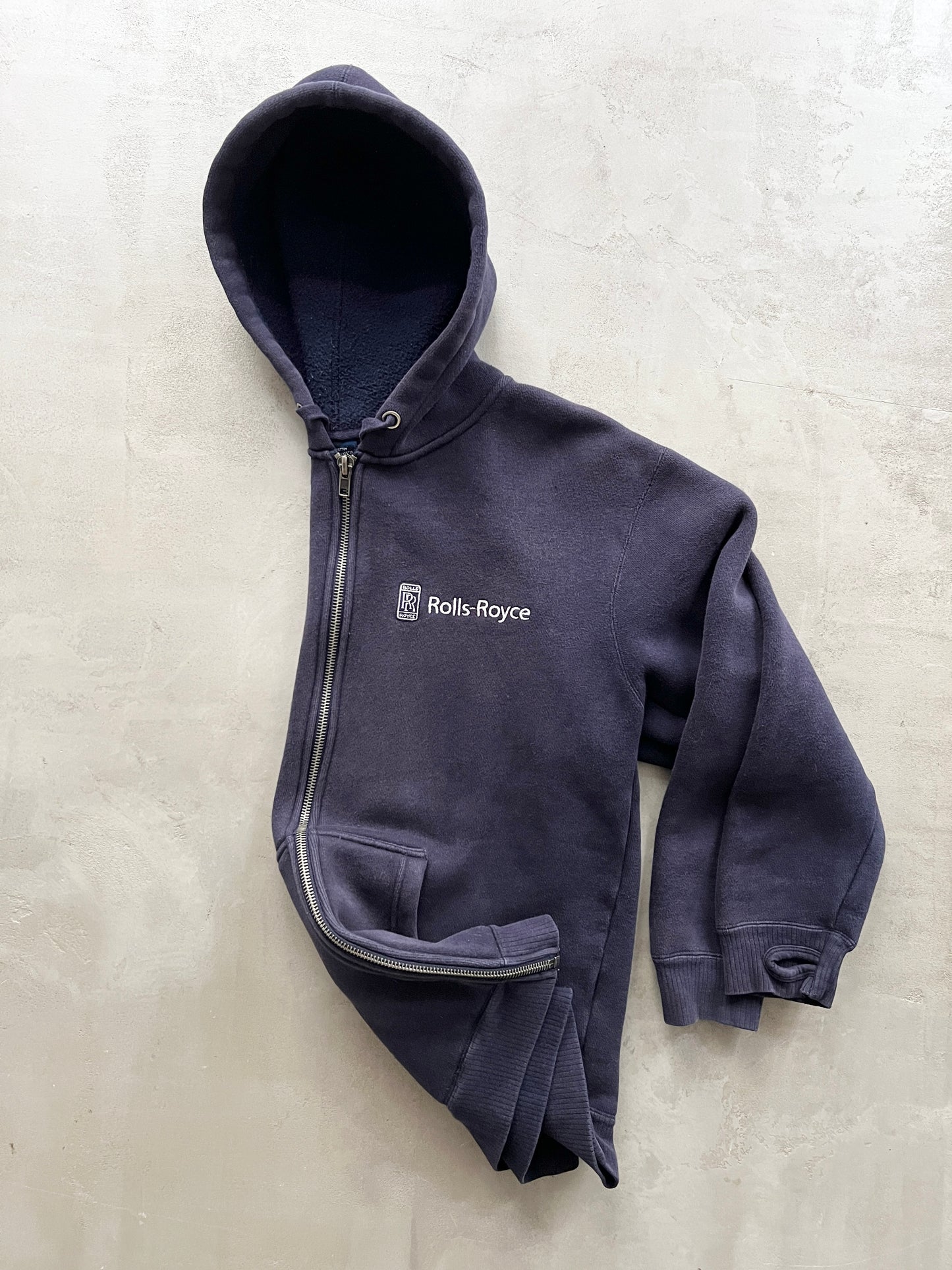 FADED NAVY ROLLS ROYCE ZIP UP HOODIE - 1990S - L/XL