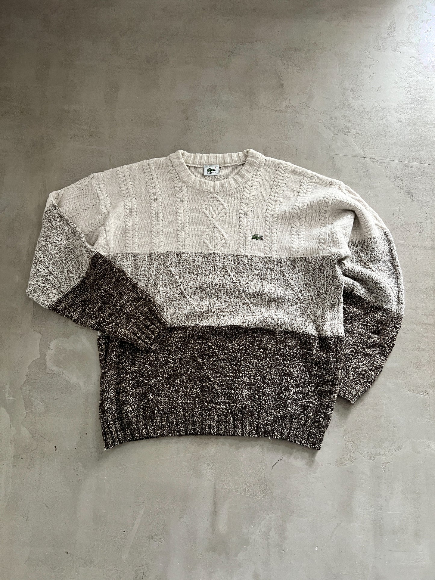 CREME/BROWN LACOSTE KNIT SWEATER - 2000S - L