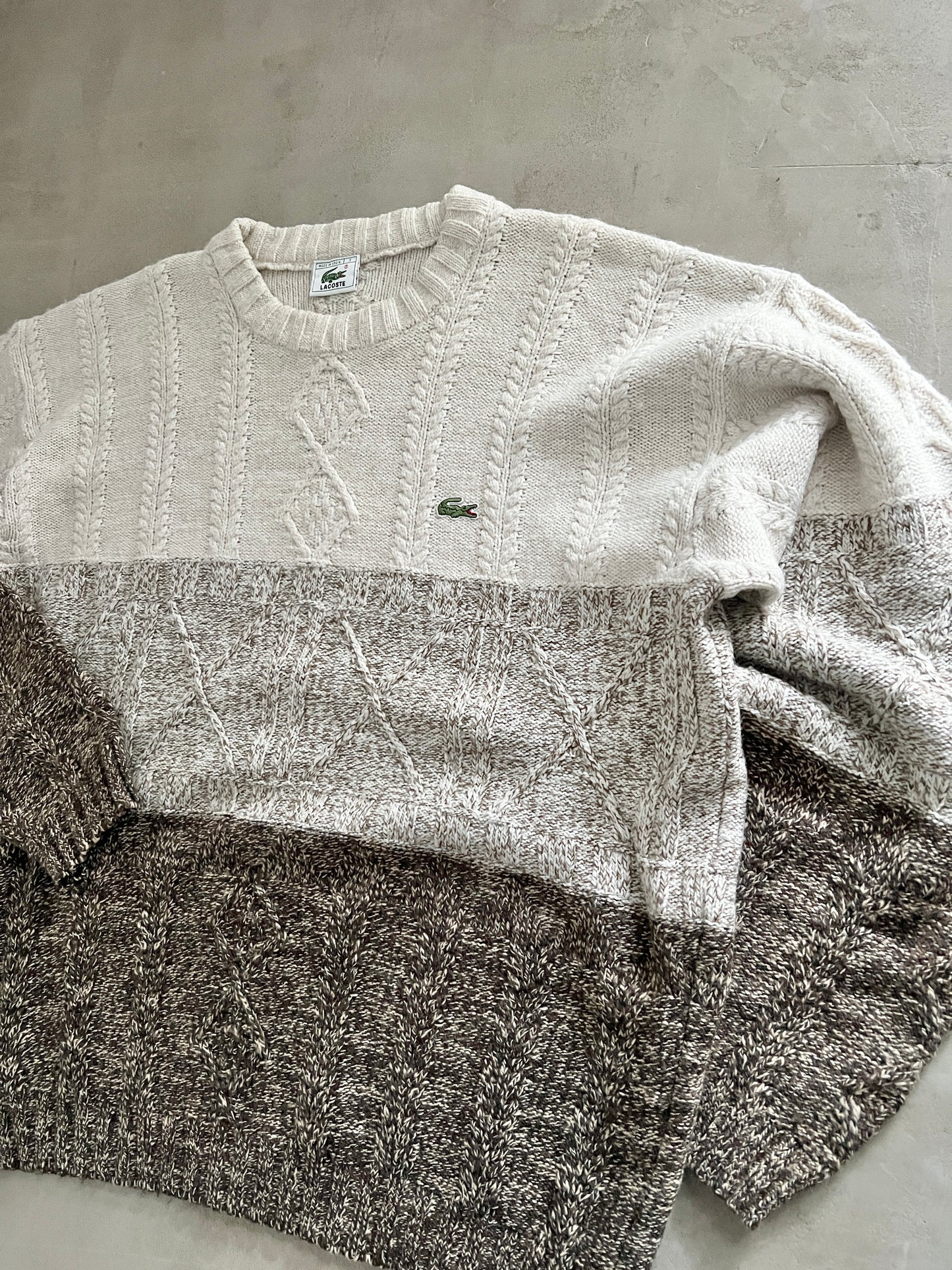 CREME/BROWN LACOSTE KNIT SWEATER - 2000S - L