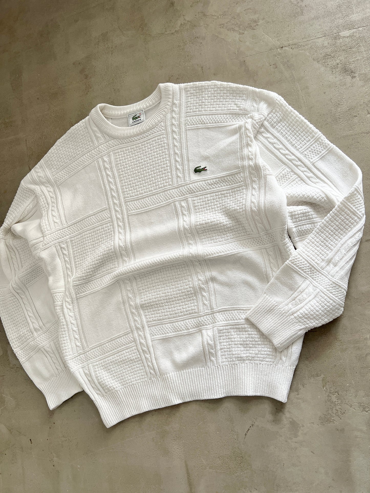 WHITE LACOSTE KNIT SWEATER - 2000S - L