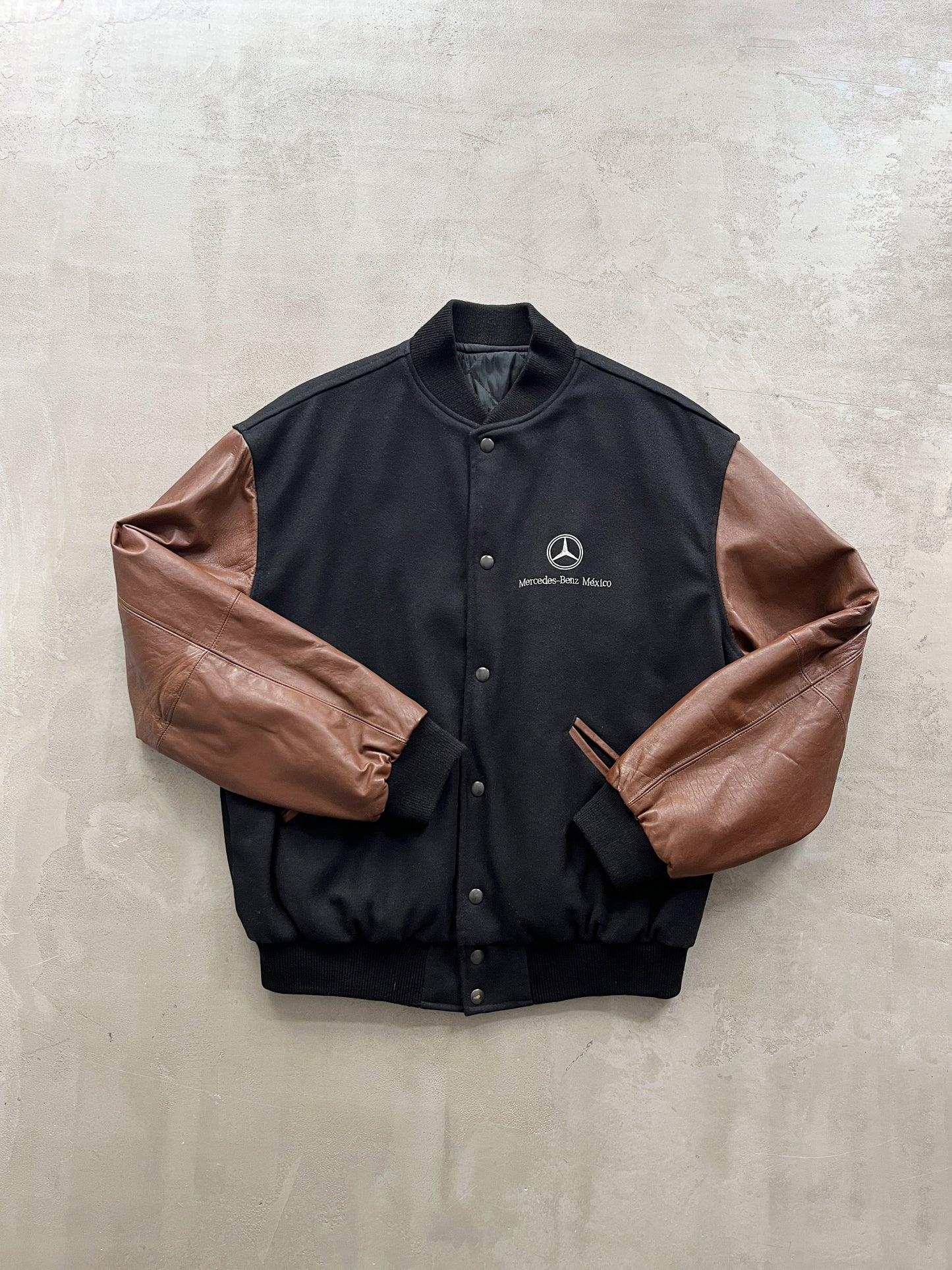 BLACK/BROWN MERCEDES BENZ MEXICO LEATHER JACKET - 1990S - L