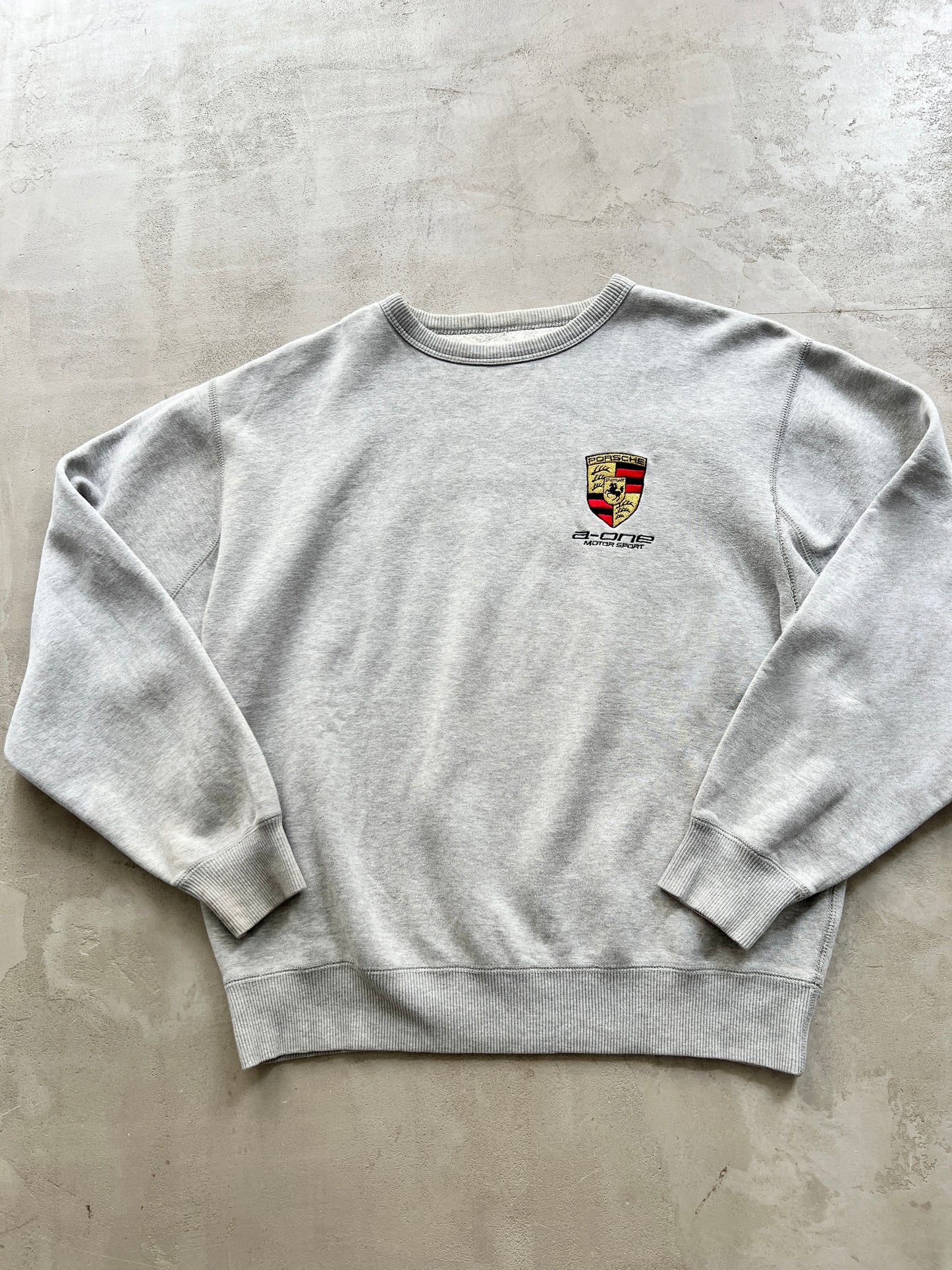 GREY PORSCHE MOTORSPORT SWEATER - 1990S - M/L