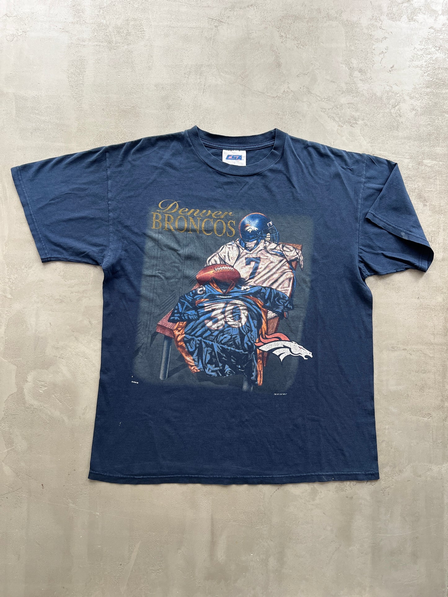 FADED NAVY DENVER BRONCOS FOOTBALL TEE - 1990S - XL