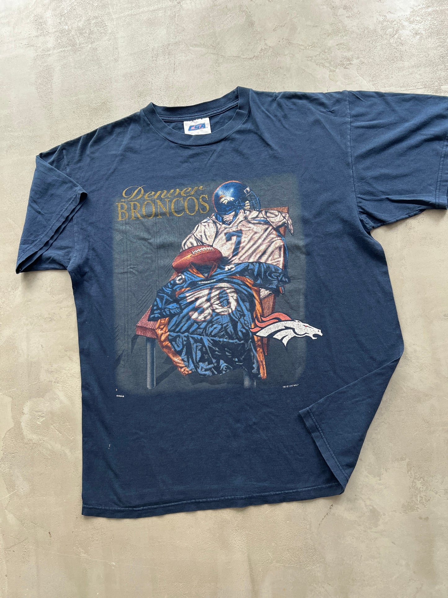 FADED NAVY DENVER BRONCOS FOOTBALL TEE - 1990S - XL