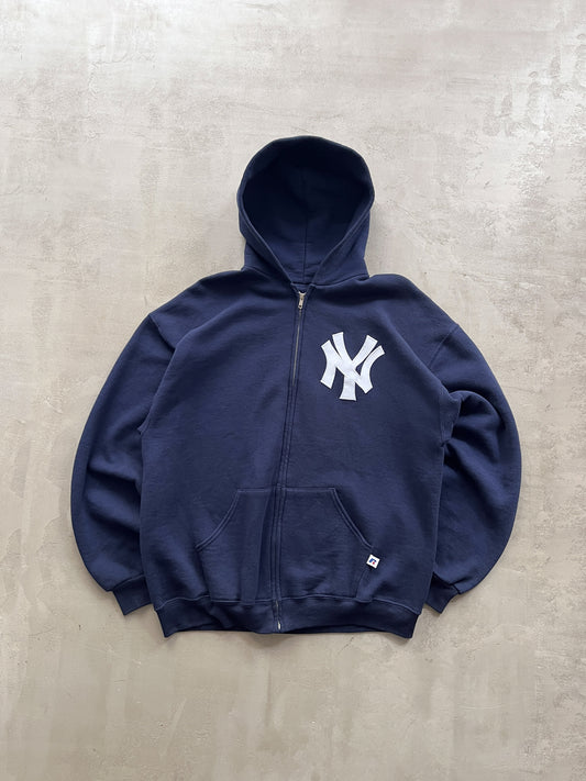 NAVY YANKEES RUSSELL ZIP UP HOODIE - 1990S - L/XL