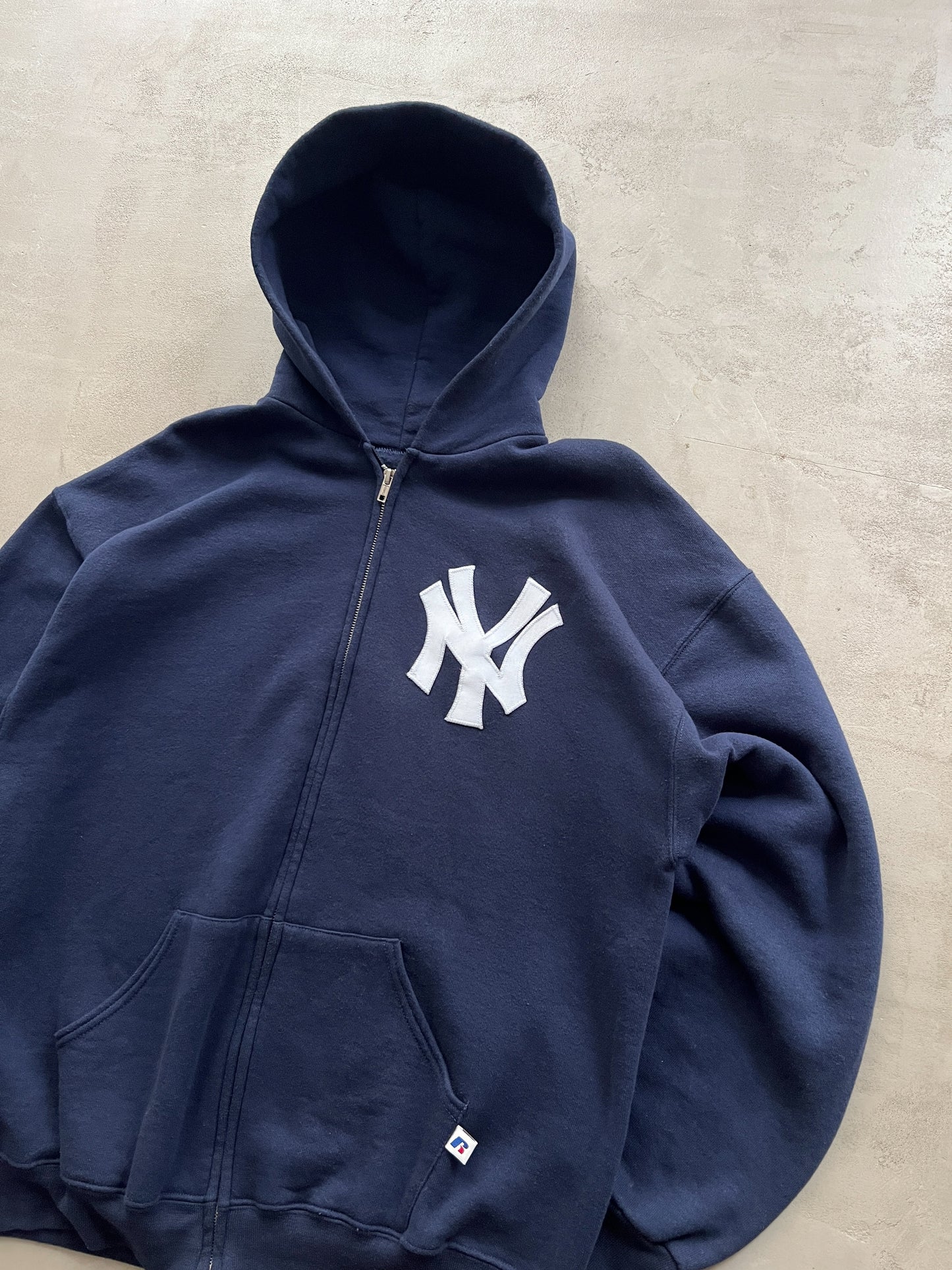 NAVY YANKEES RUSSELL ZIP UP HOODIE - 1990S - L/XL