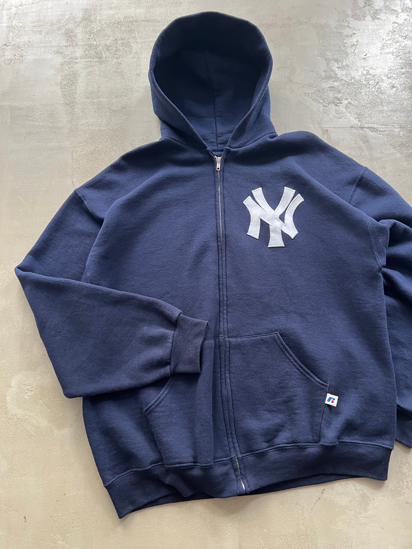 NAVY YANKEES RUSSELL ZIP UP HOODIE - 1990S - L/XL