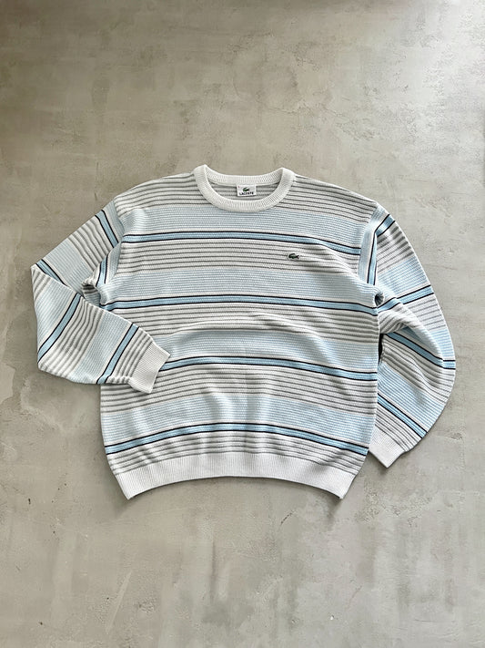 WHITE/BABY BLUE LACOSTE KNIT SWEATER - 2000S - L/M