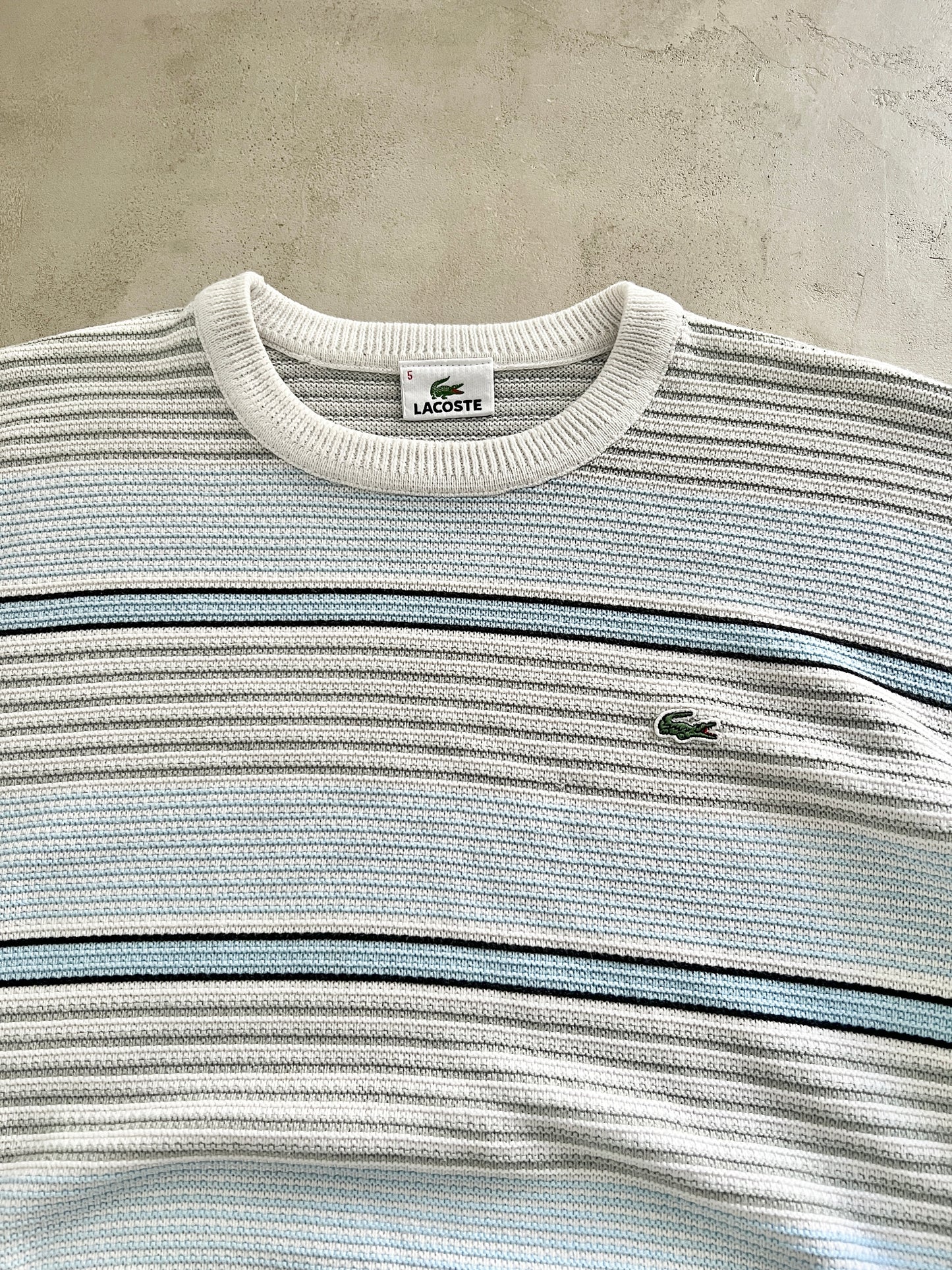 WHITE/BABY BLUE LACOSTE KNIT SWEATER - 2000S - L/M