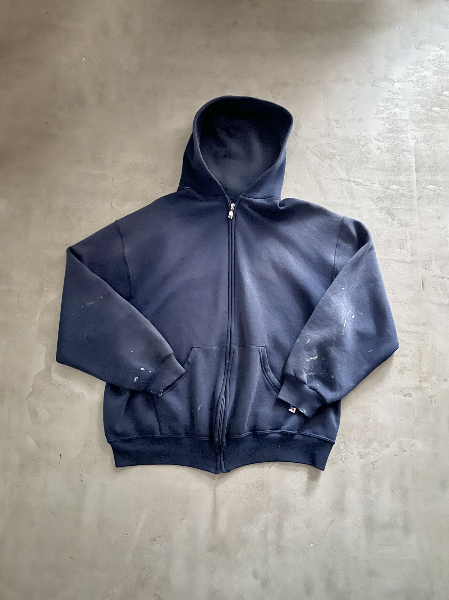 FADED NAVY RUSSELL ZIP UP HOODIE - 1990S - XL/L