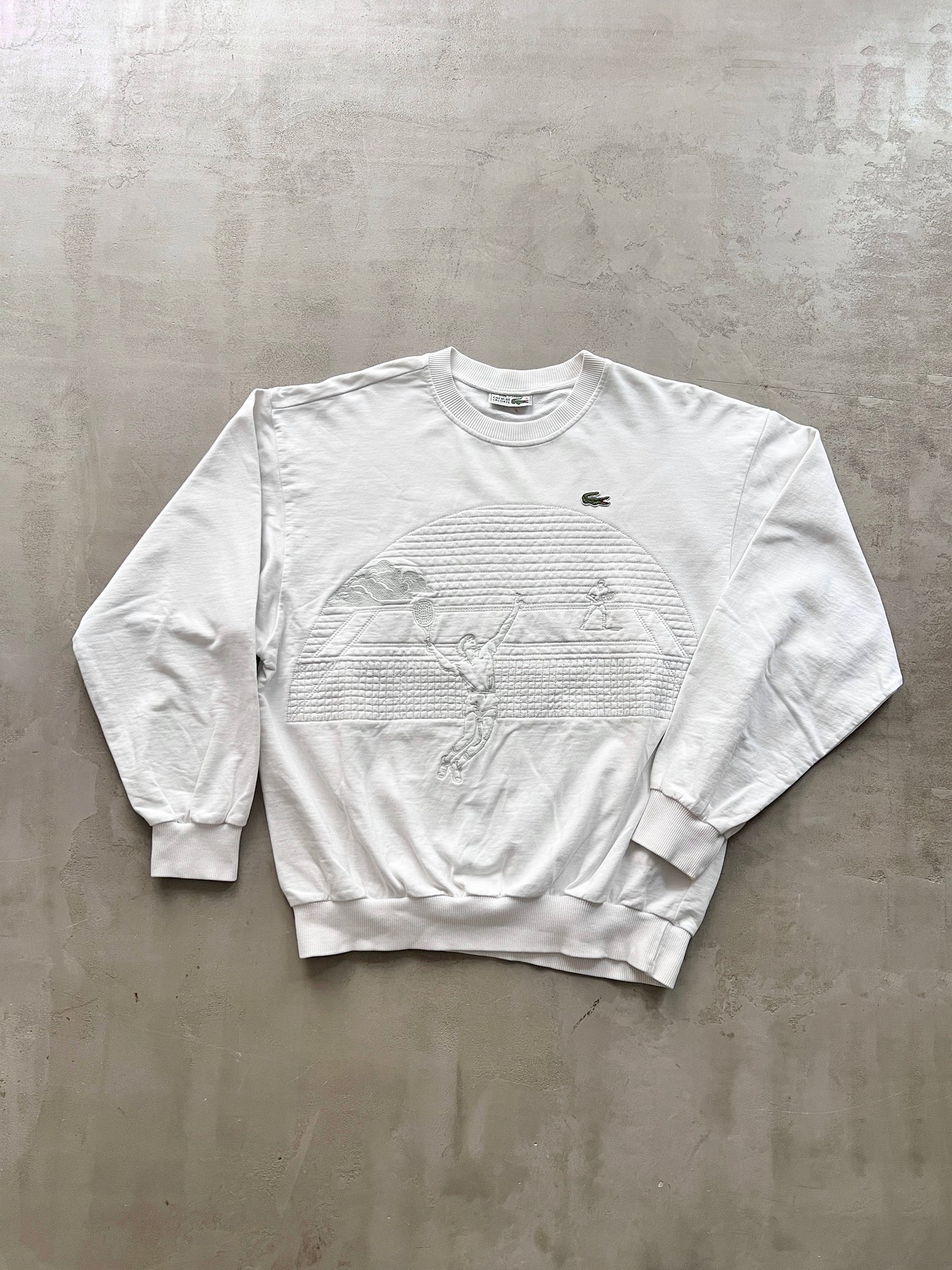 WHITE LACOSTE TENNIS SWEATER - 1990S - L/M