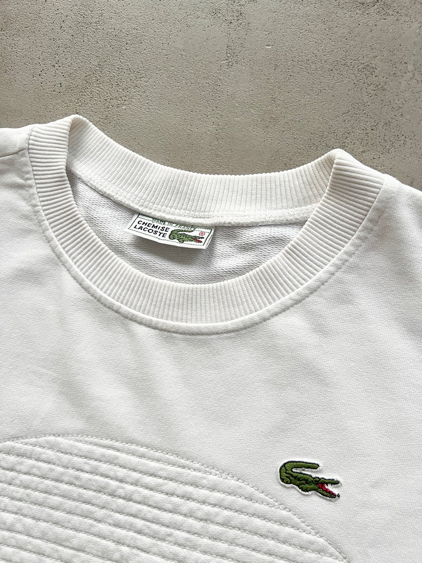 WHITE LACOSTE TENNIS SWEATER - 1990S - L/M