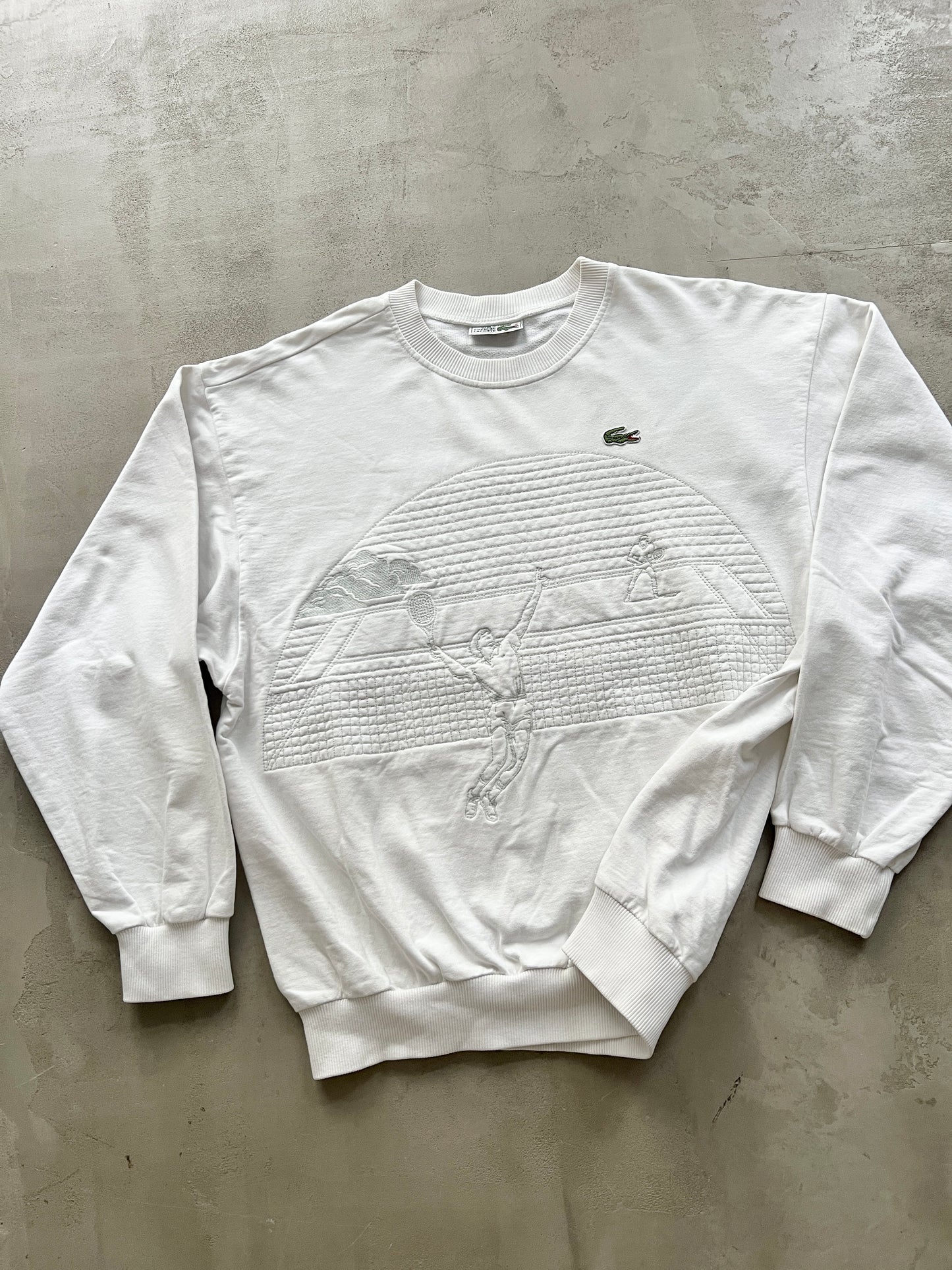 WHITE LACOSTE TENNIS SWEATER - 1990S - L/M