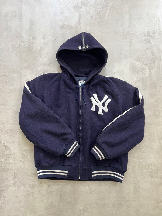 NAVY YANKEES ZIP UP WOOL HOODIE - 1990S