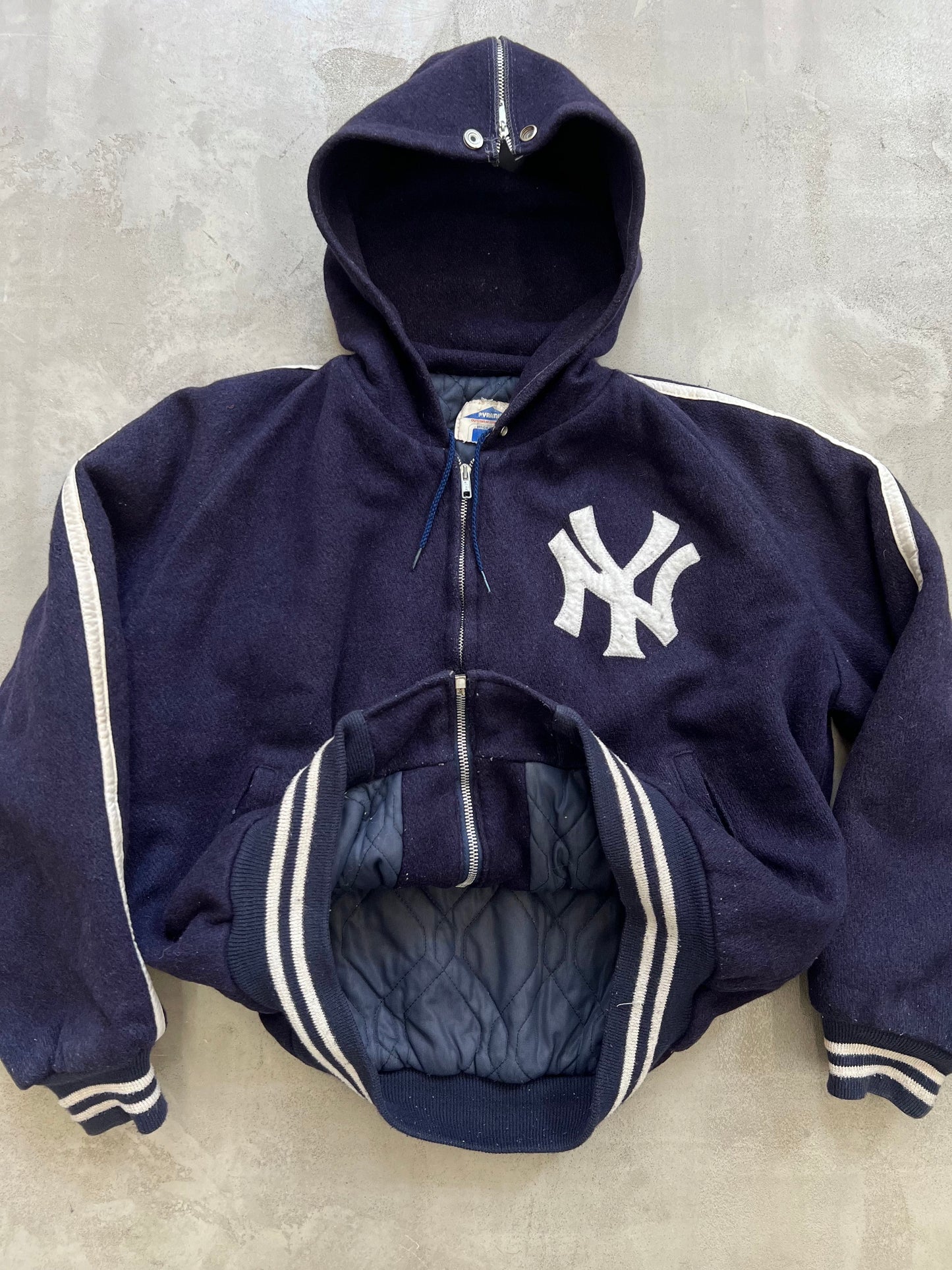 NAVY YANKEES ZIP UP WOOL HOODIE - 1990S