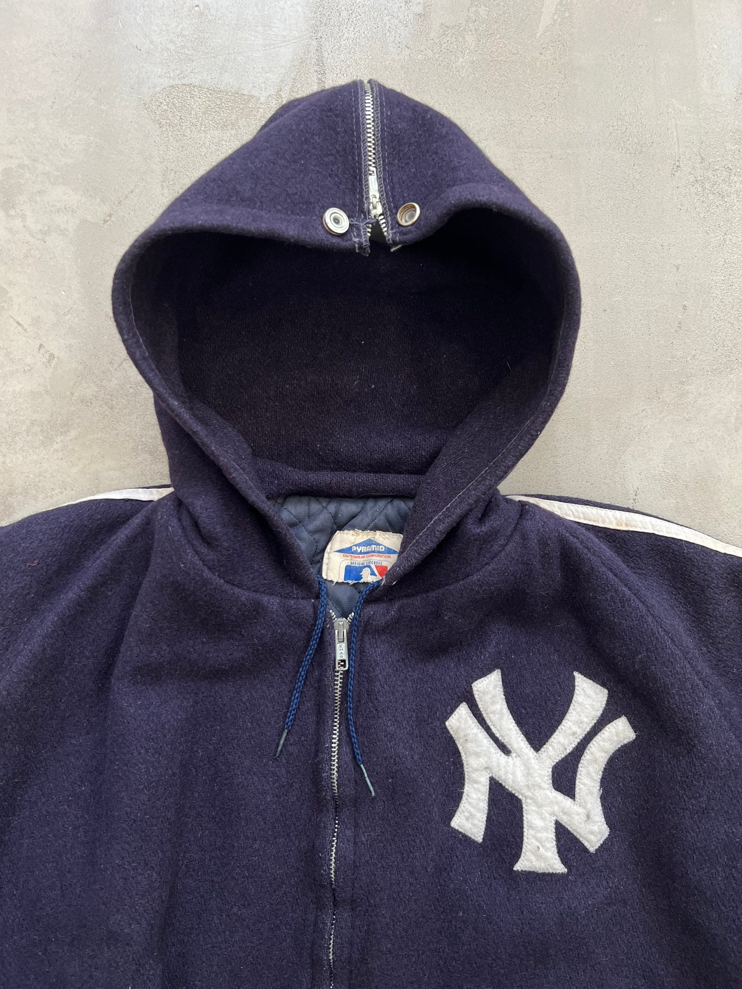 NAVY YANKEES ZIP UP WOOL HOODIE - 1990S