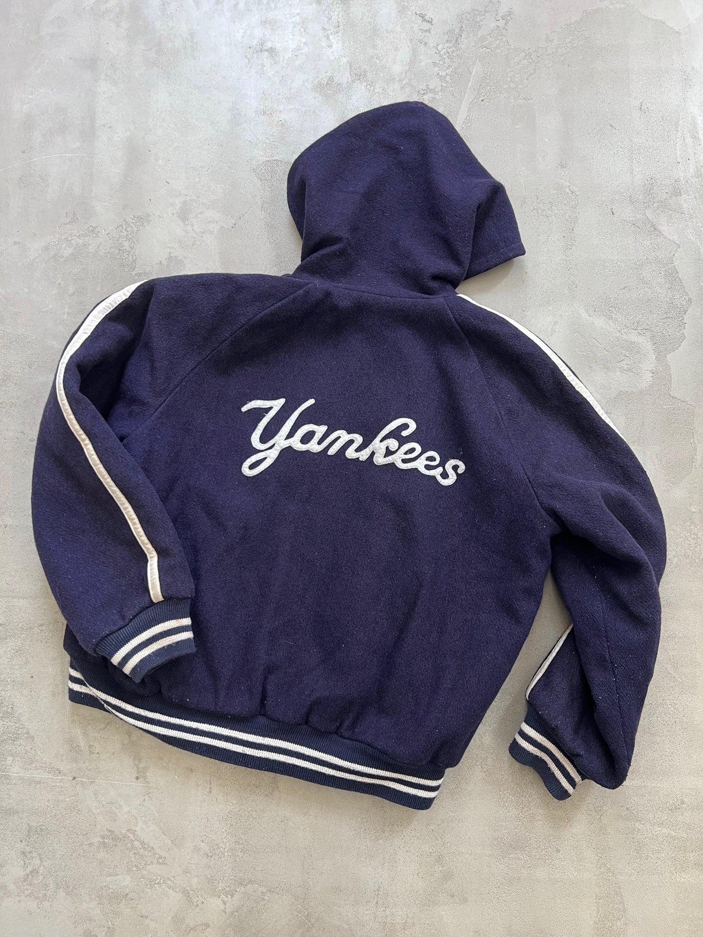 NAVY YANKEES ZIP UP WOOL HOODIE - 1990S