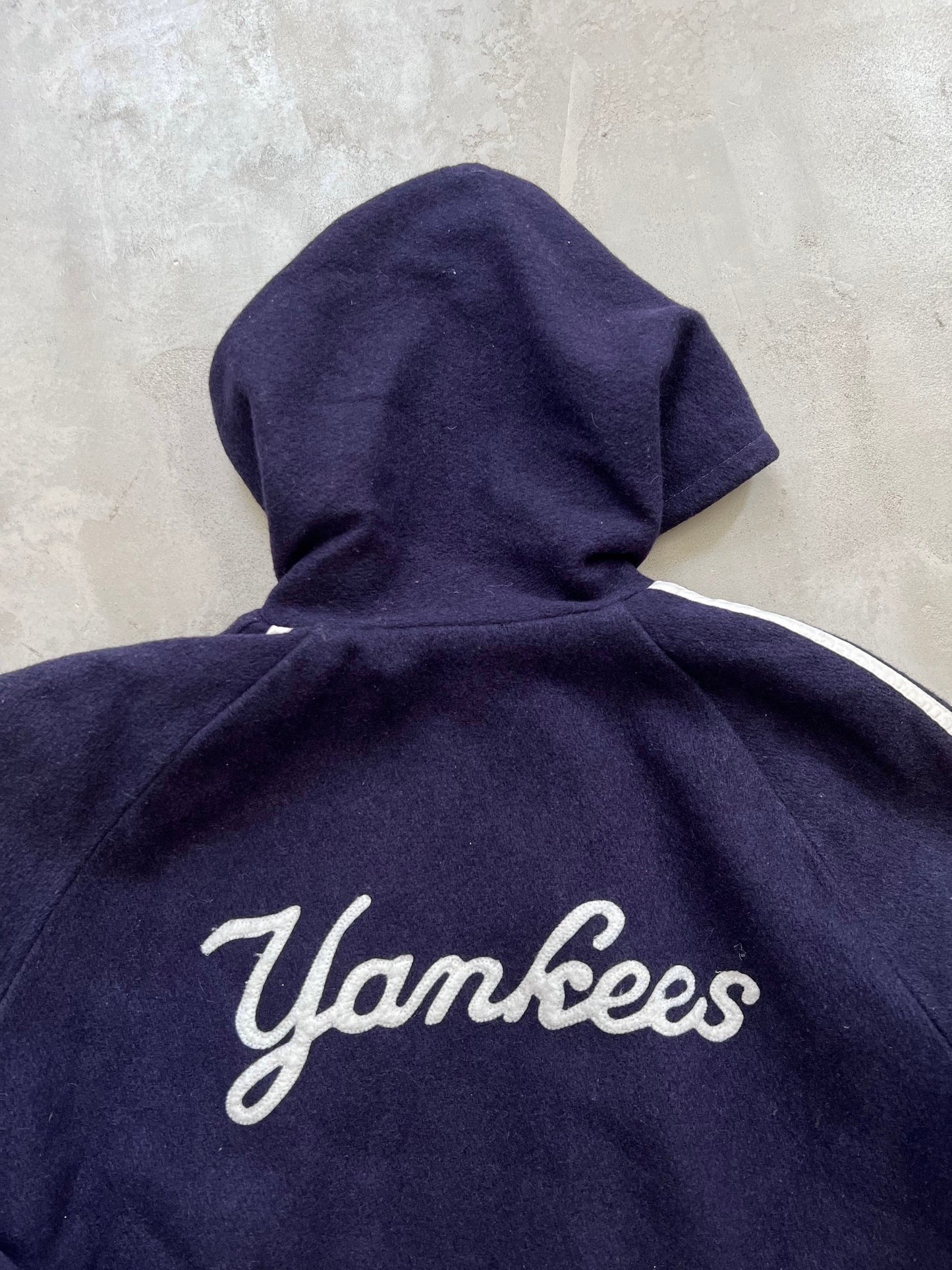 NAVY YANKEES ZIP UP WOOL HOODIE - 1990S