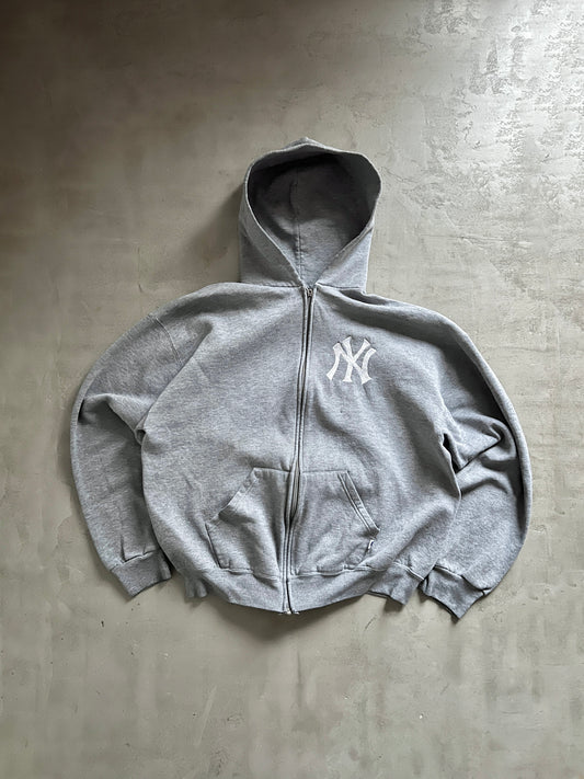 GREY YANKEES RUSSELL ZIP UP HOODIE - 1990S - L