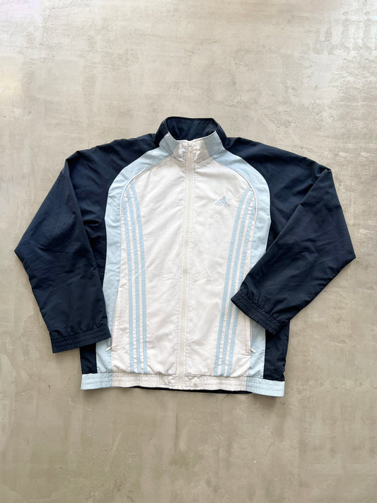 WHITE/BABY BLUE ADIDAS TRACK JACKET - XL/L