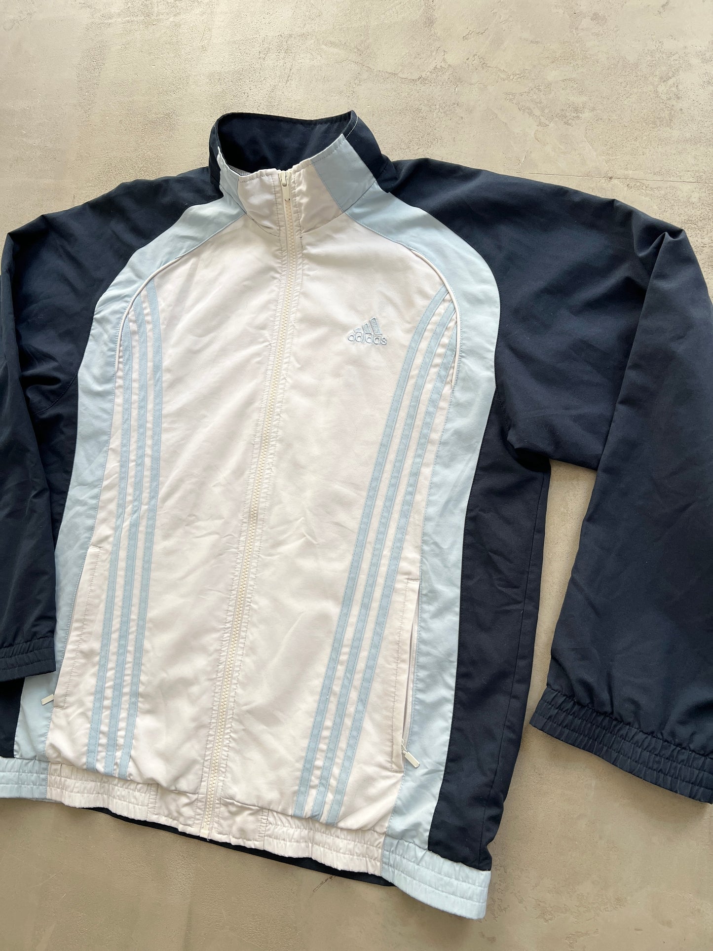 WHITE/BABY BLUE ADIDAS TRACK JACKET - XL/L