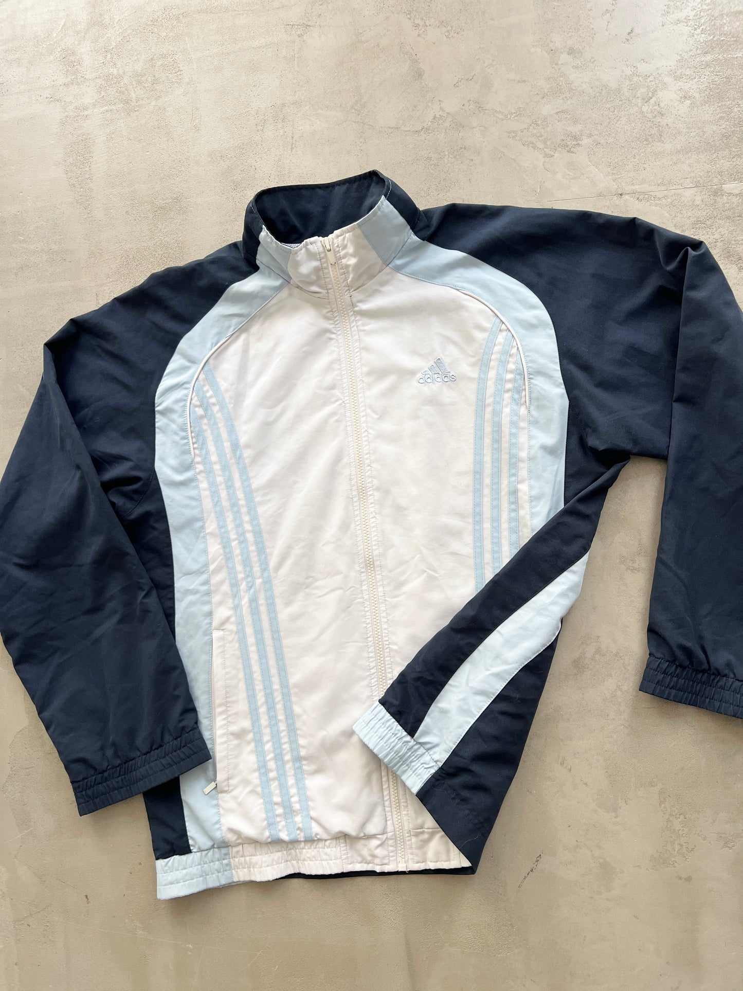 WHITE/BABY BLUE ADIDAS TRACK JACKET - XL/L