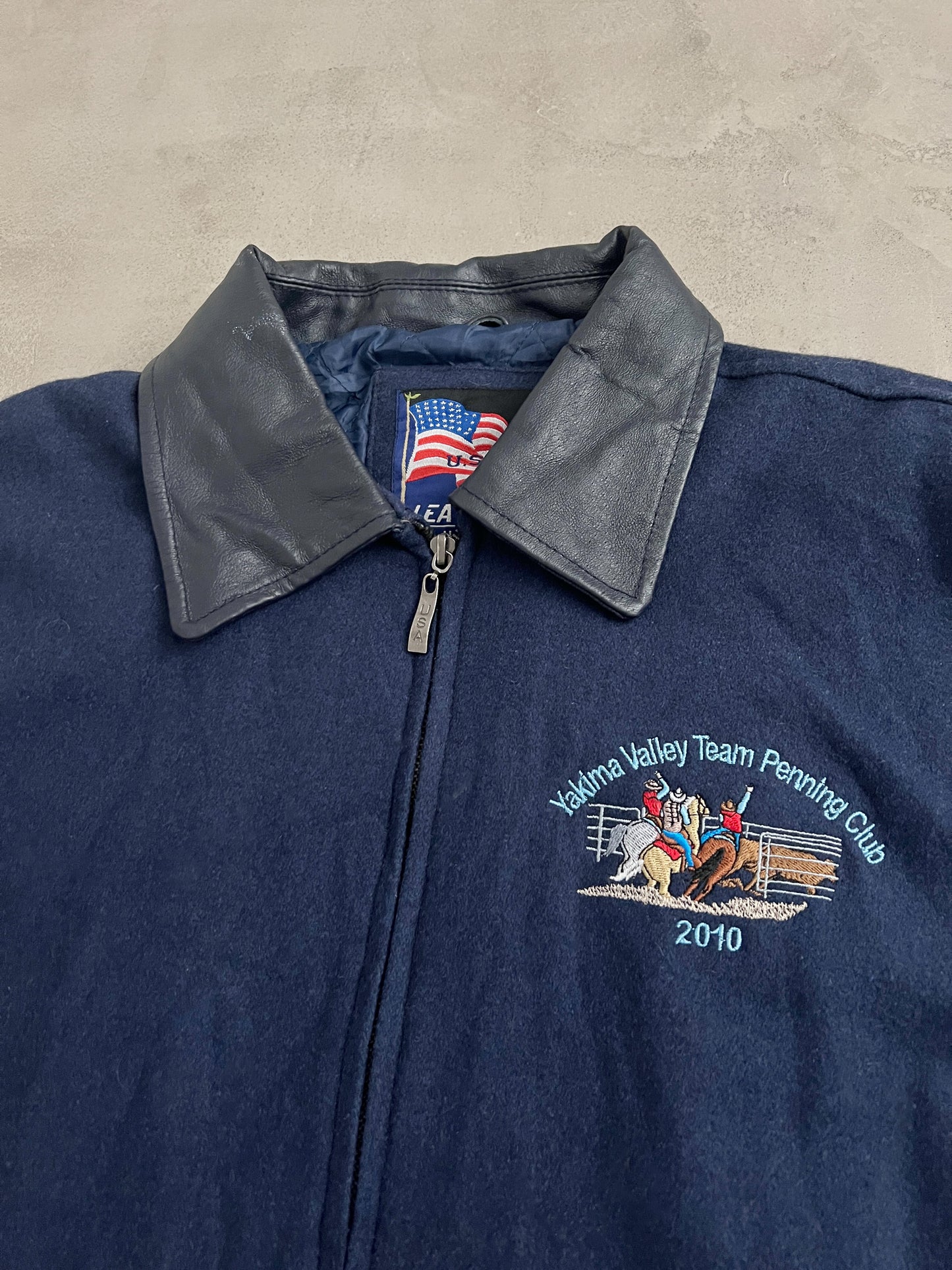 NAVY LACROSSE LEATHER JACKET - 2000S - L