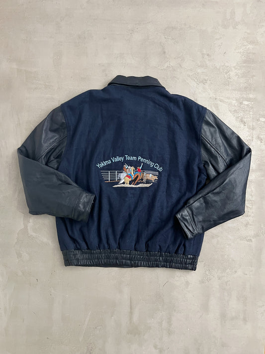 NAVY LACROSSE LEATHER JACKET - 2000S - L