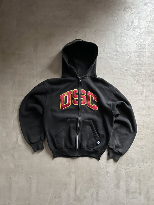 FADED BLACK RUSSELL USC ZIP UP HOODIE - 1990S - S