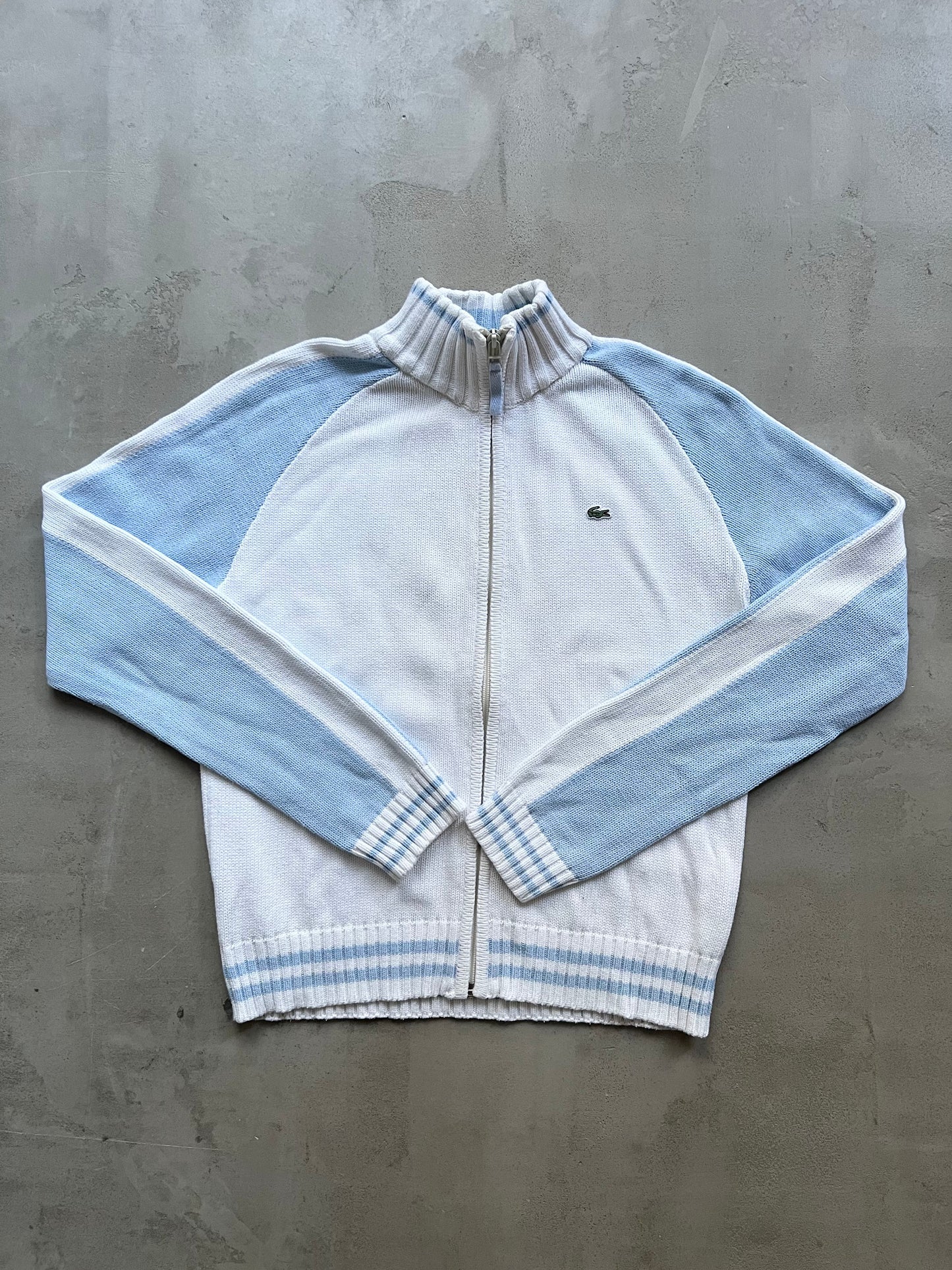 WHITE/BABY BLUE LACOSTE KNIT JACKET - 2000S