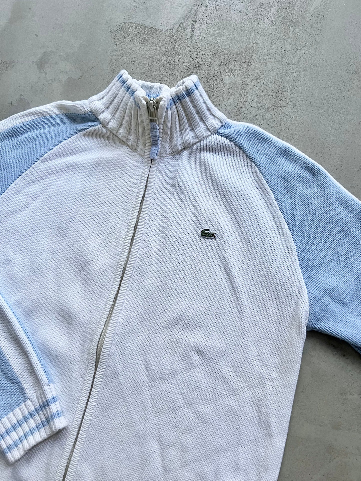 WHITE/BABY BLUE LACOSTE KNIT JACKET - 2000S