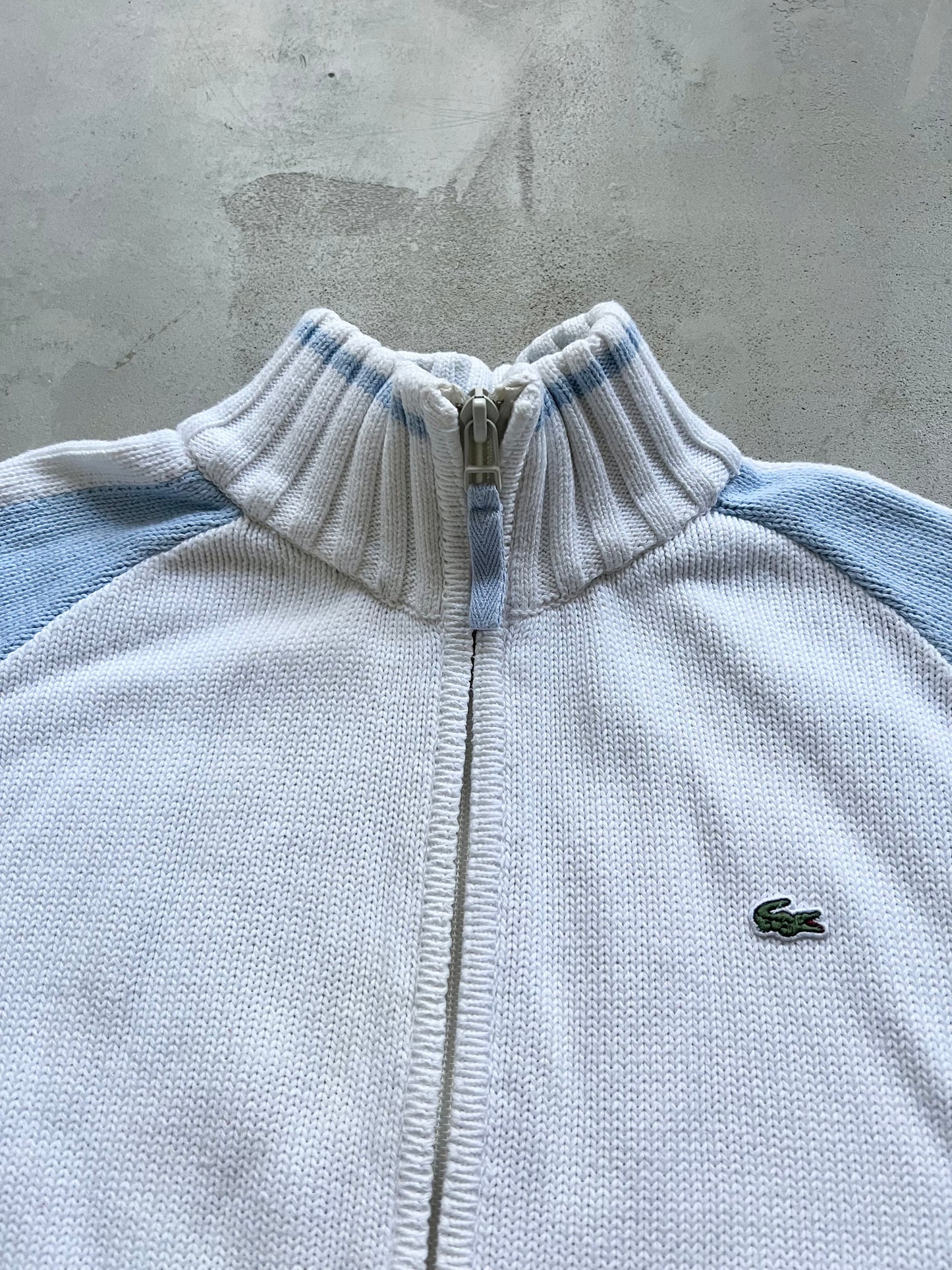 WHITE/BABY BLUE LACOSTE KNIT JACKET - 2000S