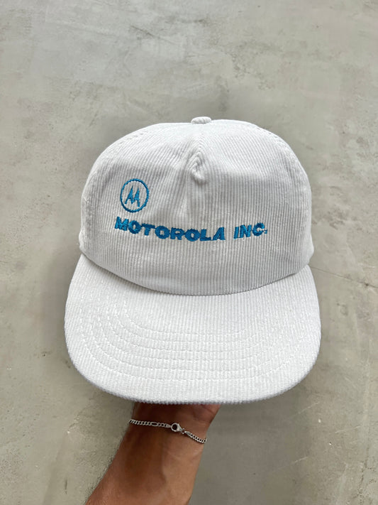 WHITE/BABY BLUE MOTOROLA CORDUROY CAP - 1990S