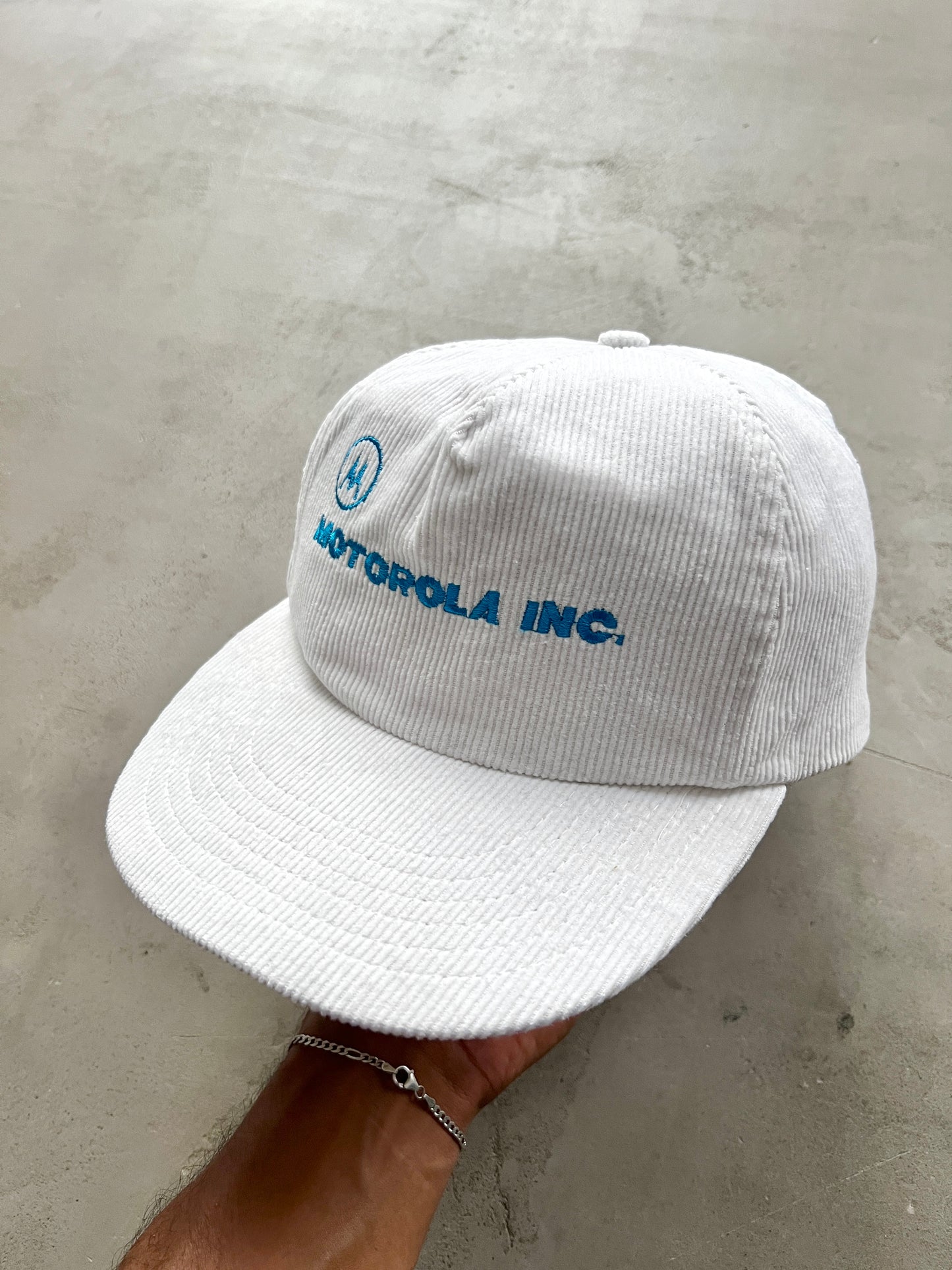 WHITE/BABY BLUE MOTOROLA CORDUROY CAP - 1990S